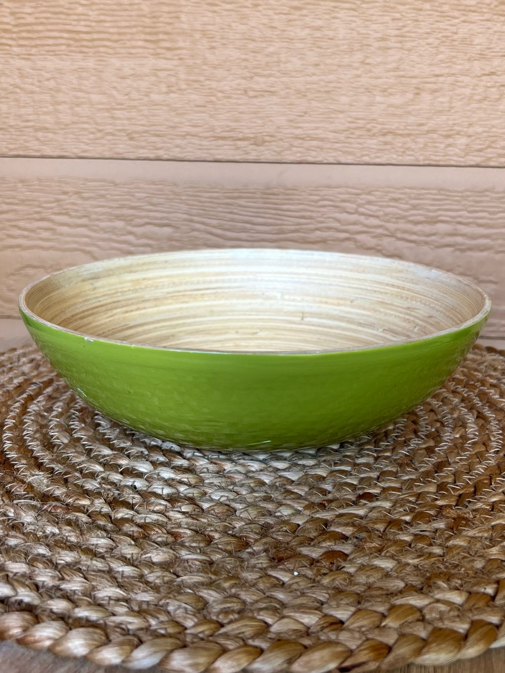 Shallow Lacquered Bamboo Bowl, Grass Green Color Handcrafted.Eco-friendly 9x3
